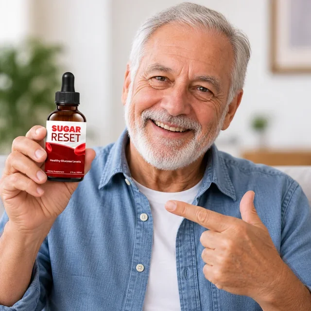 A man holding a bottle of Sugar Reset and pointing at the label