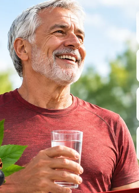 A smiling older man outdoors holding a glass of water