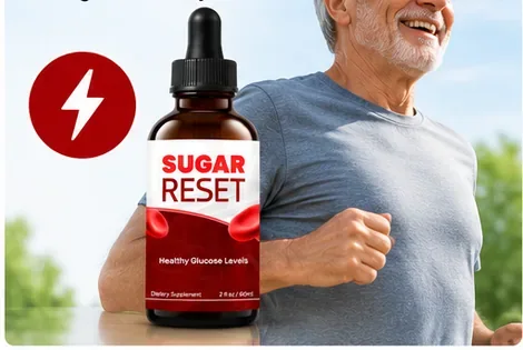 An older man jogging outdoors beside a bottle of Sugar Reset