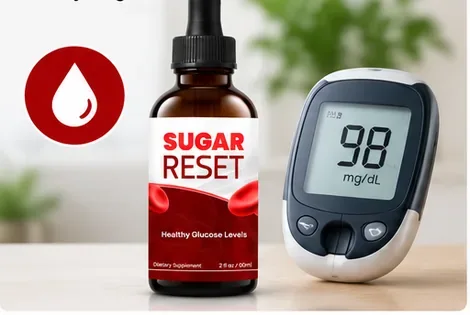 A blood glucose meter reading 98 mg/dL beside a bottle of Sugar Reset