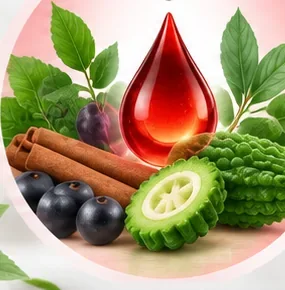 Botanicals, a red droplet and cinnamon bark on a pale background