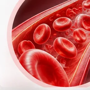 Illustration of red blood cells travelling through a vessel